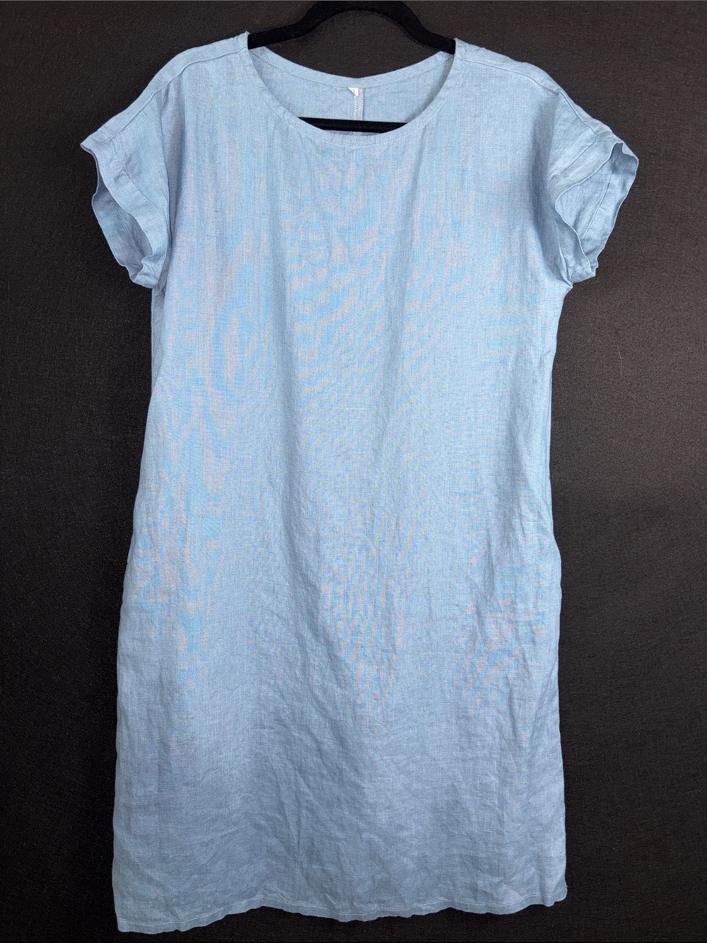 Casual Medium Blue 100% Linen Midi Dress with Short Sleeves Pockets Small